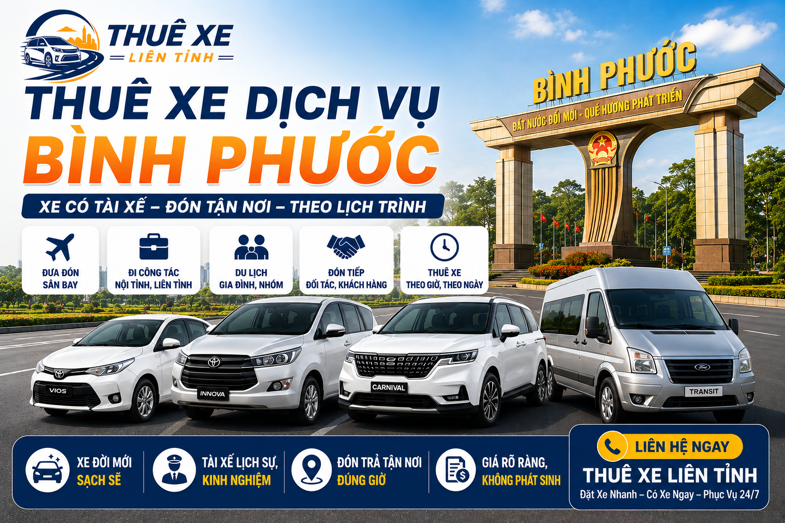 Thuê xe dịch vụ Bình Phước xe 4 chỗ, 7 chỗ, 16 chỗ, 29 chỗ, 45 chỗ có tài xế, đón tận nơi, đi sân bay, công tác, du lịch và liên tỉnh toàn quốc.