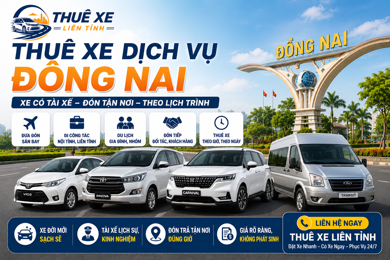 Thuê xe dịch vụ Đồng Nai xe 4 chỗ, 7 chỗ, 16 chỗ, 29 chỗ, 45 chỗ có tài xế đưa đón sân bay, công tác, du lịch, đi tỉnh toàn quốc giá tốt.