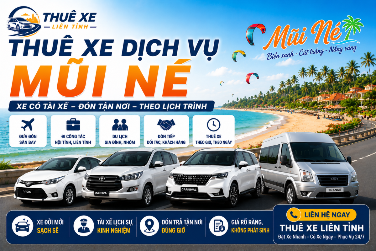 Thuê Xe Liên Tỉnh cung cấp dịch vụ thuê xe Mũi Né xe 4 chỗ, 7 chỗ, 16 chỗ, 29 chỗ, 45 chỗ có tài xế, đưa đón sân bay, du lịch Mũi Né và đi tỉnh toàn quốc.
