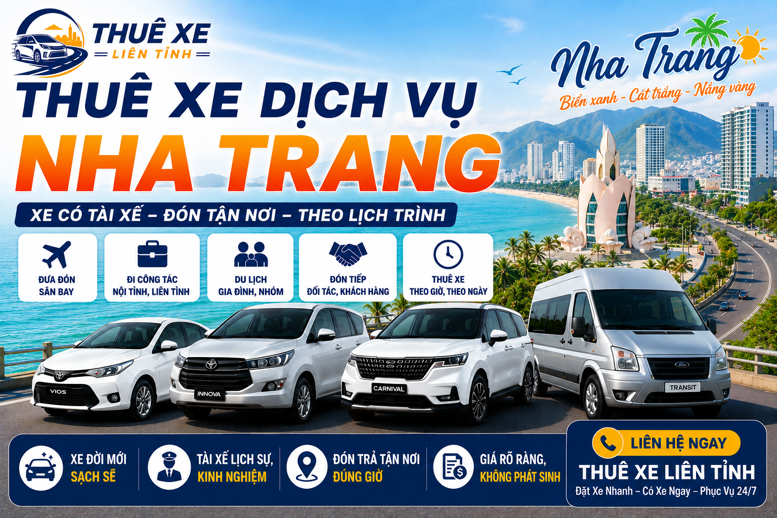 Thuê Xe Liên Tỉnh cung cấp dịch vụ thuê xe Nha Trang xe 4 chỗ, 7 chỗ, 16 chỗ, 29 chỗ, 45 chỗ có tài xế, đưa đón sân bay Cam Ranh, du lịch Nha Trang và đi tỉnh toàn quốc.