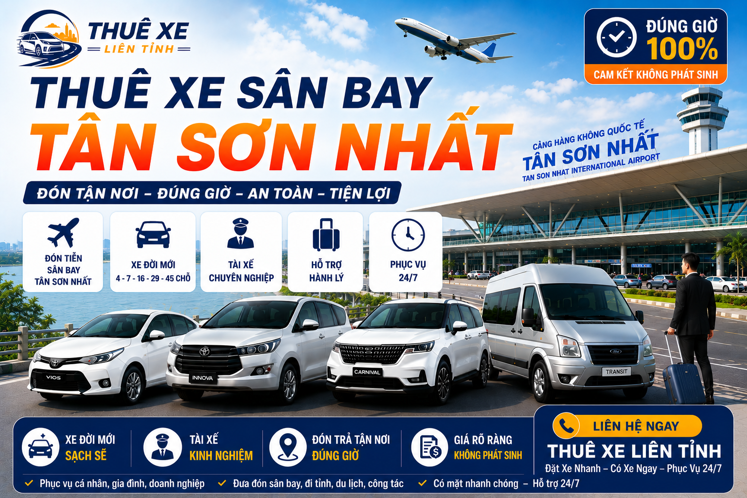 Thuê Xe Liên Tỉnh – Dịch vụ thuê xe sân bay Tân Sơn Nhất đón tiễn 24/7, xe đời mới, tài xế chuyên nghiệp, đưa đón TP.HCM và các tỉnh thành toàn quốc.