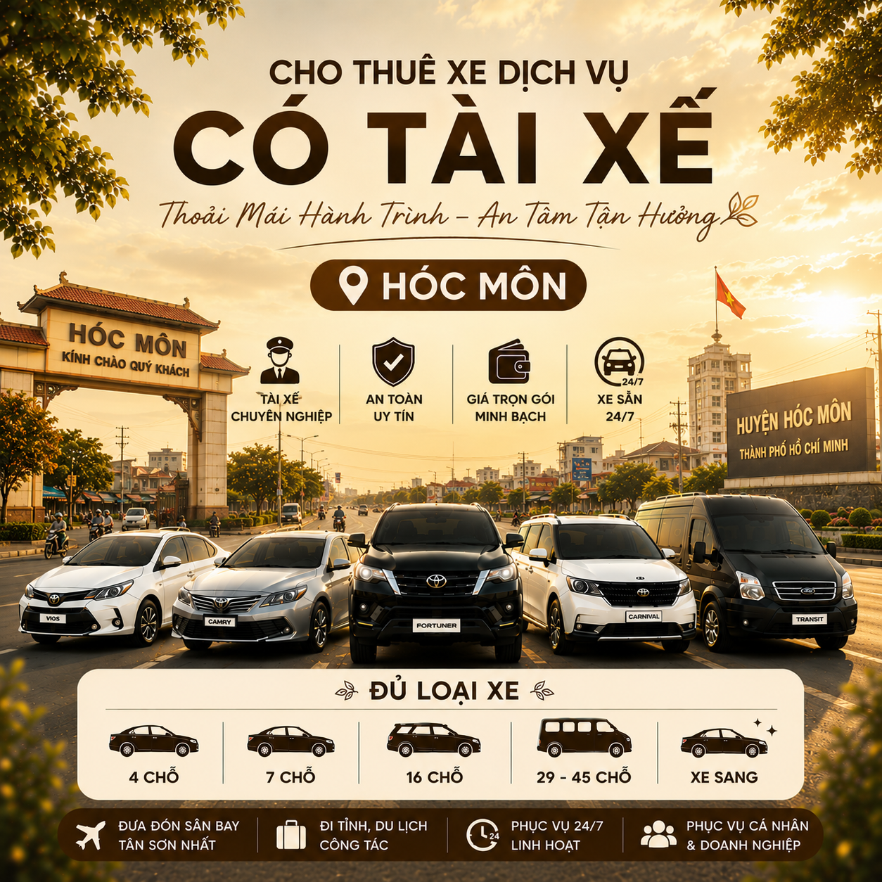 Dịch vụ cho thuê xe Hóc Môn giá rẻ, cung cấp xe 4 chỗ, 7 chỗ, 16 chỗ, 29 chỗ, 45 chỗ có tài xế chuyên nghiệp, phục vụ đi tỉnh, du lịch, công tác, đưa đón sân bay tại TP.HCM.