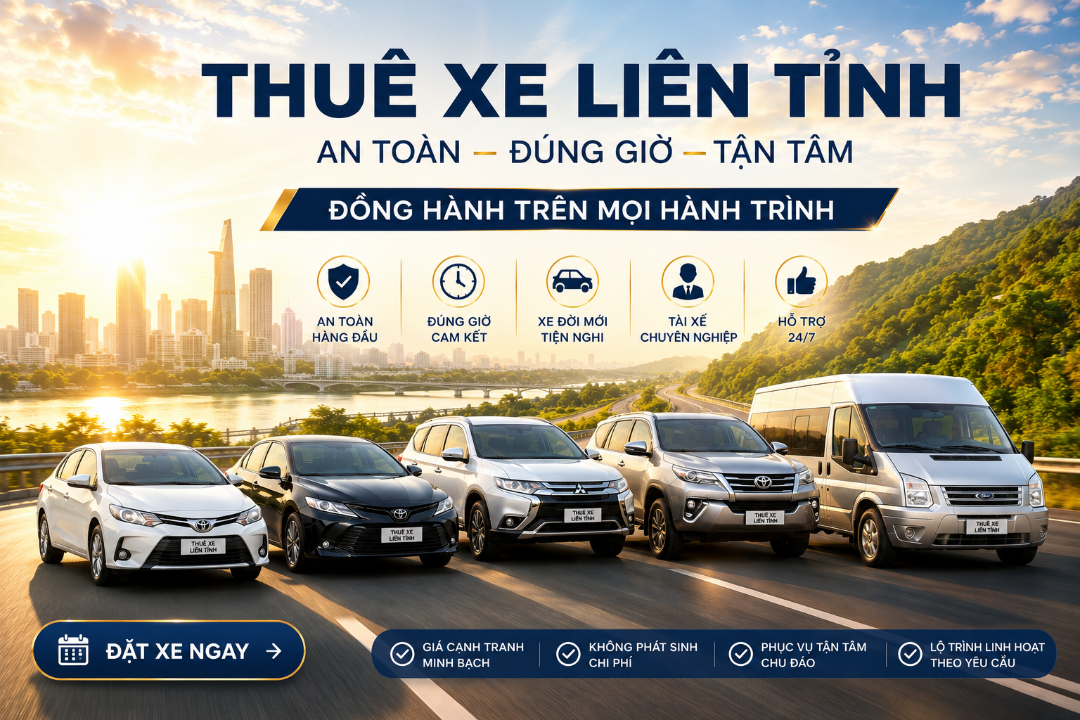 Thuê Xe Liên Tỉnh là đơn vị chuyên cung cấp dịch vụ thuê xe đi tỉnh, xe hợp đồng, xe đưa đón sân bay và xe du lịch trên toàn quốc. Với đội xe đời mới, tài xế giàu kinh nghiệm cùng quy trình phục vụ chuyên nghiệp, chúng tôi luôn nỗ lực mang đến cho khách hàng những chuyến đi an toàn, thoải mái và đúng lịch trình. Dù là hành trình ngắn hay dài, Thuê Xe Liên Tỉnh luôn sẵn sàng đồng hành và đáp ứng nhanh nhu cầu di chuyển của khách hàng 24/7.