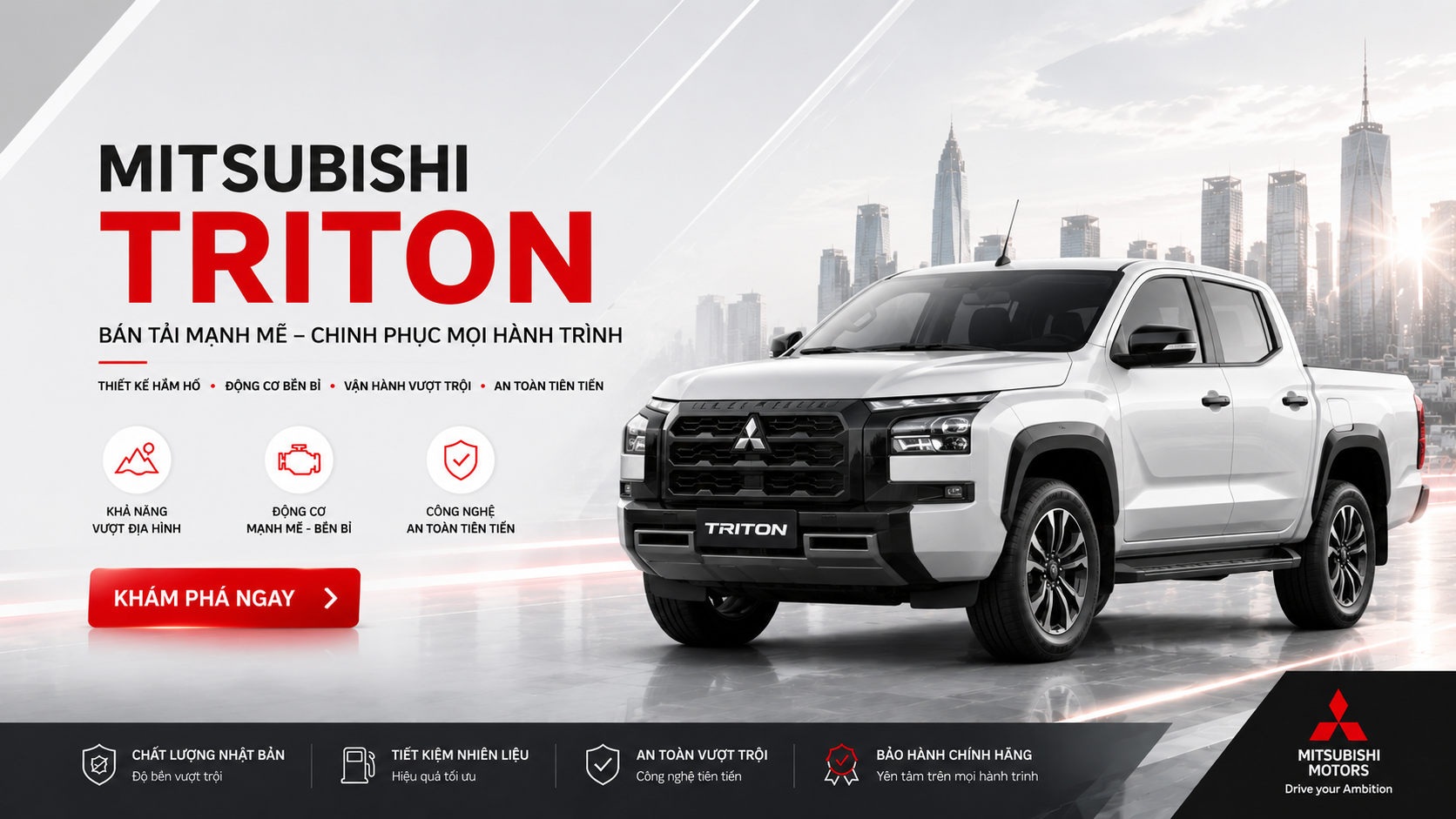 Mitsubishi Triton sở hữu thiết kế bán tải khỏe khoắn, động cơ mạnh mẽ, khả năng off-road ấn tượng cùng nhiều công nghệ an toàn tiên tiến, đáp ứng tốt nhu cầu công việc và gia đình.